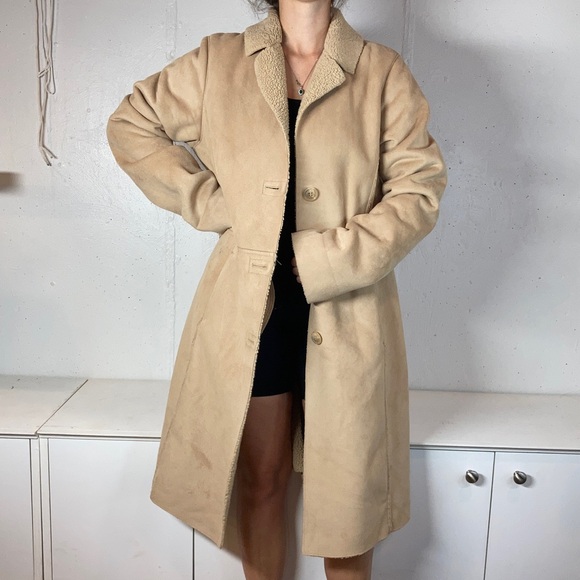 Old Navy Neutral Tan Penny Lane Faux Fur Lined Duster Full Length Coat - Picture 4 of 15